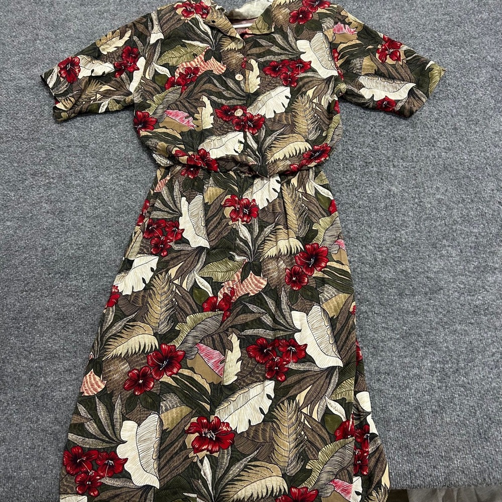 Unbranded Dress Womens Size 10 Rayon Tropical Floral Olive Brown Midi Button Up